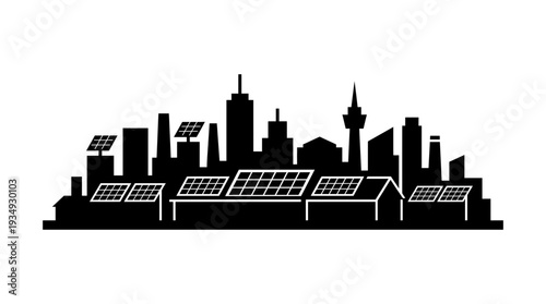 Modern city skyline silhouette featuring rooftop solar panels, symbolizing renewable energy, sustainability, and eco-friendly urban development in a clean, graphic style.