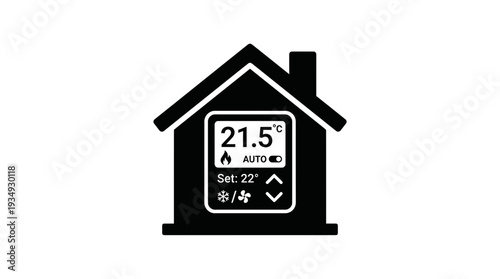 Black silhouette of a house with a smart thermostat displaying 21.5 degrees Celsius, indicating temperature control, home automation, and energy efficiency for modern living.