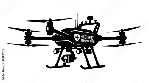 Detailed black silhouette of an advanced emergency response drone, equipped with a camera and signaling 'EMERGENCY RESPONSE DRONE', highlighting its use in critical situations.