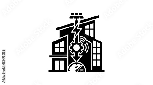Modern smart building silhouette illustrating energy management with solar panels, gear mechanism, and energy flow indicators, representing efficiency and sustainability.