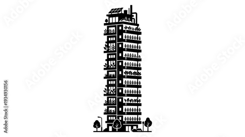 Sleek black silhouette of a tall urban farming tower, featuring integrated solar panels and vertical gardens, showcasing sustainable city living and vertical agriculture.