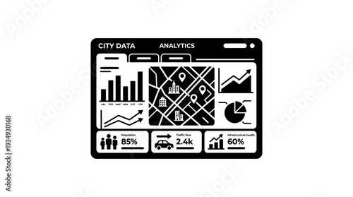 City data analytics dashboard interface displaying charts, maps, population, traffic flow, and infrastructure health, representing urban planning and smart city management with digital insights.