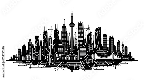 Intricate black and white illustration of a city skyline with digital circuit patterns, representing a digital twin, smart city infrastructure, and technological connectivity in urban environments.