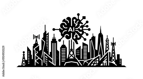 AI command center silhouette icon featuring a cityscape with a central brain graphic, representing artificial intelligence controlling urban infrastructure and smart city operations.