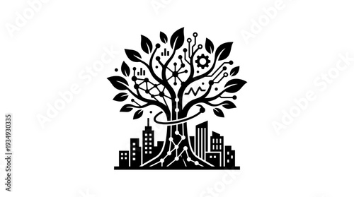 Intelligent urban ecosystem symbol with a tree merging into a cityscape, symbolizing sustainable technology, growth, and the integration of nature with smart city development.