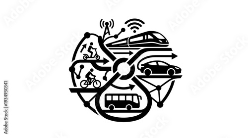 Conceptual illustration of a smart transportation ecosystem with interconnected modes of transport like trains, cars, buses, scooters, and bicycles, symbolizing connectivity and future mobility.