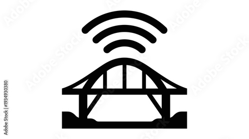 Iconic representation of a smart bridge with wireless signals emanating from it, symbolizing connected infrastructure, smart cities, and technological advancements in transportation.