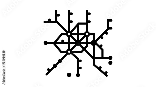 Stylized black and white subway map icon with interconnected lines and circular stations, representing public transportation and urban transit networks, isolated on a white background.