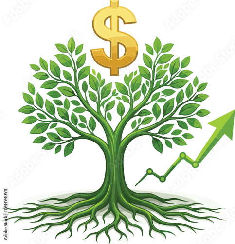 Vibrant money tree featuring a golden dollar symbol, representing strong financial growth, successful investment, and economic prosperity, highlighted by an upward trend graph