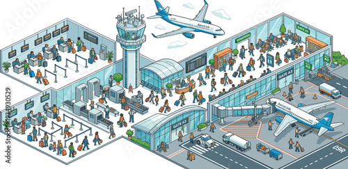 Isometric illustration of a modern, busy airport terminal bustling with passengers, security checks, departure gates, ground crew, and active aircraft operations