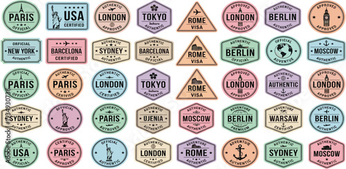 Vector set of colorful travel stamps and visa seals, featuring global cities and landmarks. Ideal for designs reflecting adventure and world journey concepts
