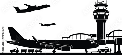 Dynamic airport operations silhouette depicting the vibrant energy of global air travel, with aircraft in various stages of flight and ground activity