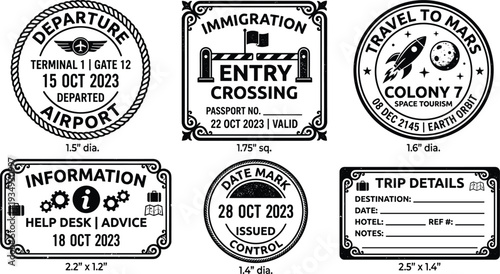 Collection of travel-themed rubber stamps including airport departure, immigration, travel to Mars, information, date mark, and trip details designs