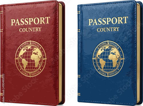 Colorful red and blue international passports, each with a golden world map emblem, representing global travel, diverse citizenships, and essential documentation for journeys