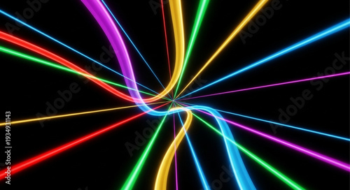 Abstract colorful light trails in motion on black background.