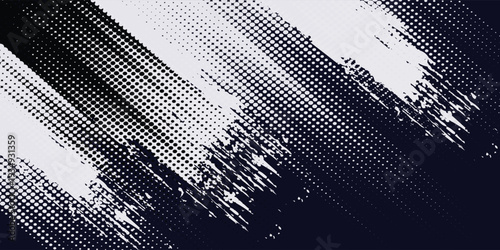 White brush strokes on a navy blue background illustration with a halftone effect Abstract grunge design element for a banner