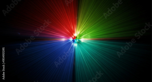 Abstract RGB color light beams radiating from center.