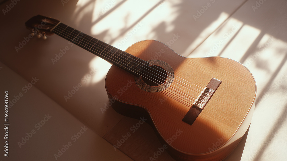Fototapeta premium Single acoustic guitar on white background, wooden texture detail, soft overhead light, minimal musical instrument composition 
