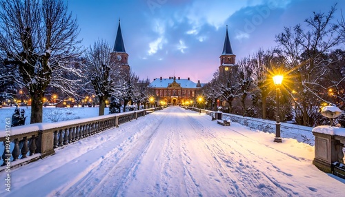 Snowy pathway leads to an ornate building, framed by lamp posts and trees, under a twilight sky