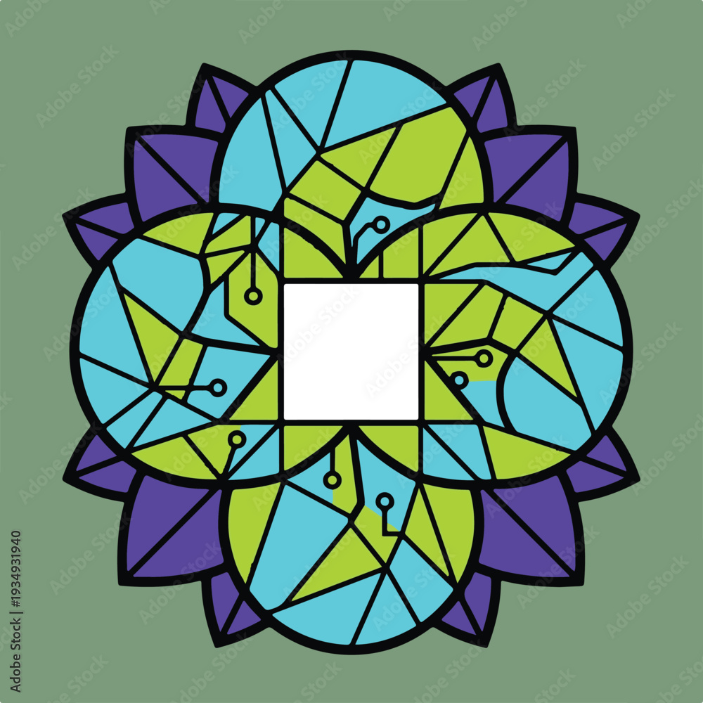 Fototapeta premium Minimal symmetrical flower made of 6 identical circle petals with square cut center,.eps