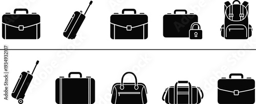 Black Luggage and Bag Vector Icon Set Featuring Briefcase, Rolling Suitcase, Backpack, Duffel, and Travel Accessories for Business, Tourism, Professional Storage, and Security Concepts