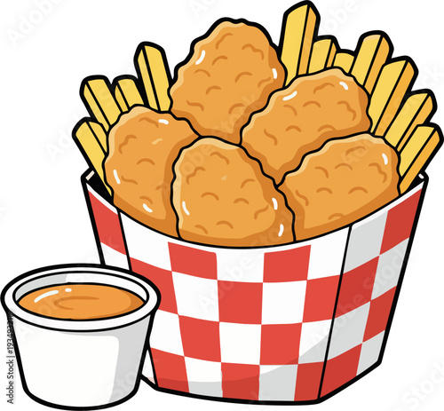 Cartoon Chicken Nuggets and French Fries in Red Checkered Basket with Dipping Sauce Vector Illustration
