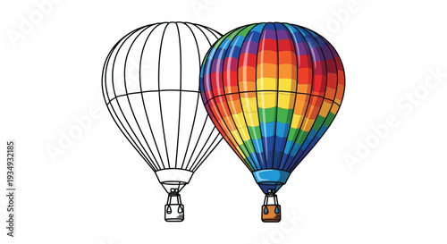 Vector graphic illustration featuring two hot air balloons one colored and one outline 