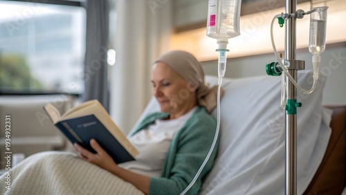 Detailed infusion equipment in foreground with patient reading softly blurred behind. Authentic, calm oncology scene for healthcare advertising use.