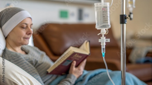 Detailed infusion equipment in foreground with patient reading softly blurred behind. Authentic, calm oncology scene for healthcare advertising use.