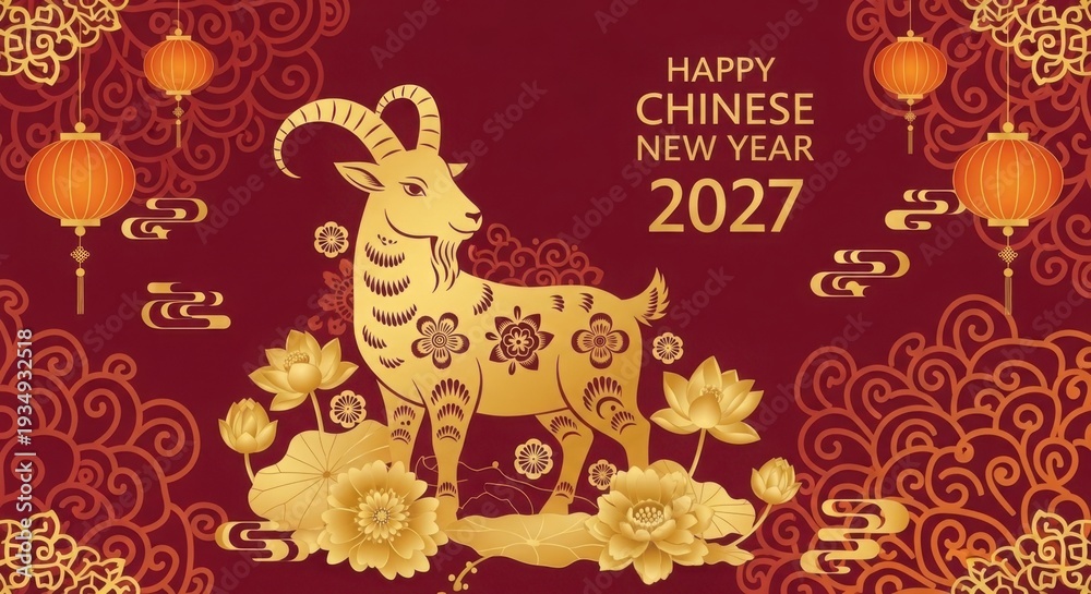 Naklejka premium Happy chinese new year 2027 with goat and lanterns illustration