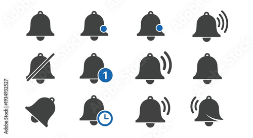 Collection of vector graphic notification bell icons illustrating different alert states for modern user interface design.
