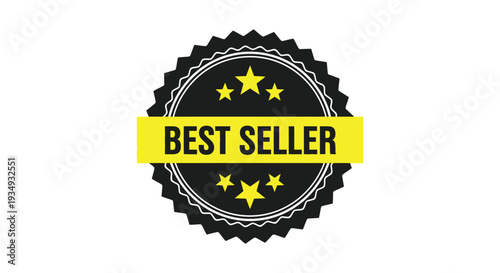 Best seller vector graphic illustration badge with rating stars and yellow banner design, perfect for product labels and promotion.