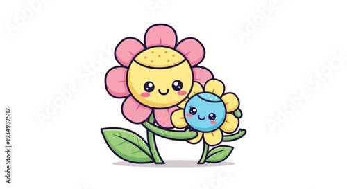 Charming illustration of two cute flowers with smiling faces, depicting a heartwarming parent-child or friendship bond