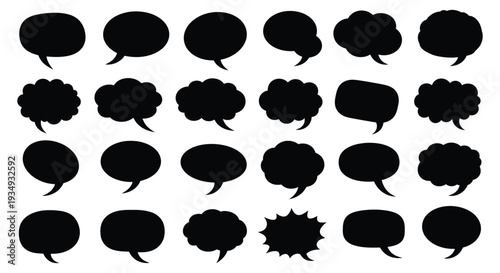 A collection of various black speech bubble vector illustrations showing different communication shapes