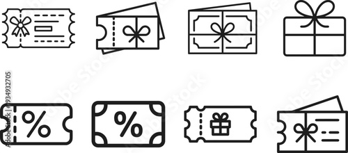 Collection of 8 Black and White Icons Representing Gift Vouchers, Coupons, and Discounts