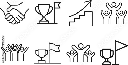 Set of eight line art icons representing success, teamwork, achievement, and growth in a business context.
