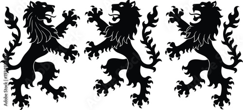 Heraldic lion silhouette illustration set, medieval coat of arms artwork, noble crest vector design, symbolic graphic icon, black white courage symbol