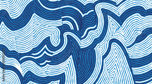Elegant Japanese-inspired background featuring blue and white hand-drawn waves. Intricate rhythmic linework and layered etching create a bold, flowing, and meditative ocean aesthetic.