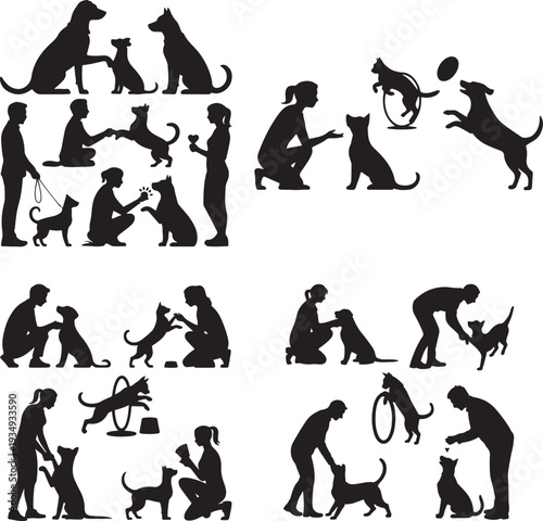 Silhouettes of diverse people training, playing, and caring for their beloved dogs and cats in various scenarios