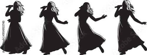 Silhouette happy young group party people together dancing, cheering crowd dance to the music at musical concert – stock vector