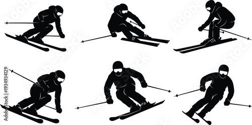 Silhouettes of skiers snowboarders and sledding in winter sports vector illustration