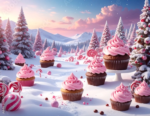 Snowy scene with cupcakes featuring pink frosting, candy canes, and lollipop in a winter landscape
