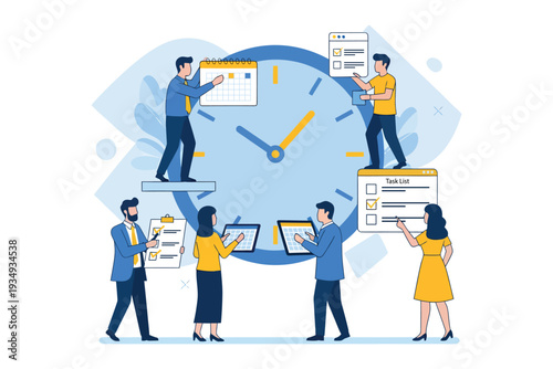 Team collaboration and time management concept with people working on tasks
