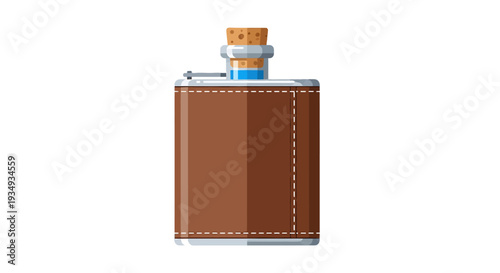 Brown leather-wrapped flask with cork stopper on white background