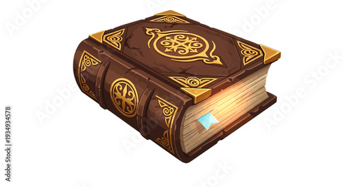 A vintage leather-bound book with golden embellishments and an illuminated interior on a plain white background.