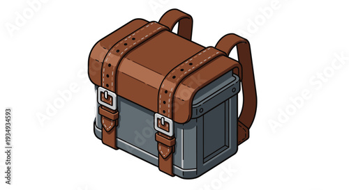Digital illustration of a brown leather and metal briefcase with straps on a white background.