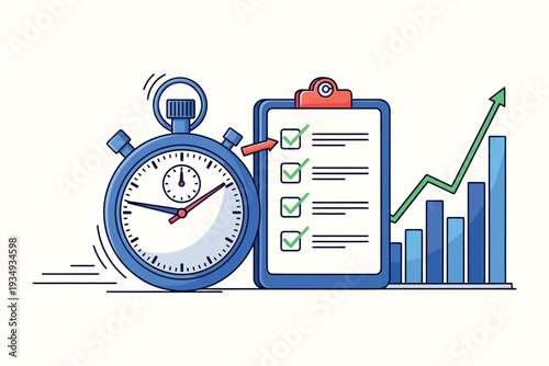 Time management tools with a stopwatch checklist and growth chart illustration