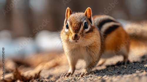 Adorable chipmunk with bulging cheeks gathered food outdoors in soft sunlight