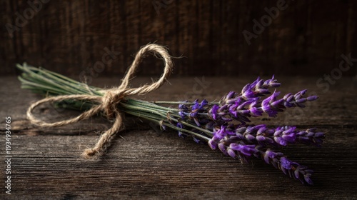 Delicate lavender sprigs tied with rustic twine on a wooden surface, evoking natural beauty and tranquility
