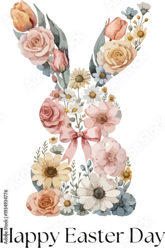 Happy Easter Watercolor Bunny with Floral Spring Flowers and Pink Ribbon vector illustration isolated on white background